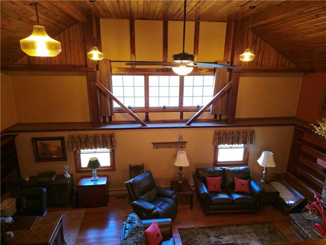 1622 S Cross St, Robinson, IL 62454 - living room with wood ceiling, wood finished floors, vaulted ceiling, and a ceiling fan