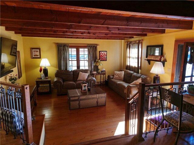 1622 S Cross St, Robinson, IL 62454 - living room featuring beamed ceiling, healthy amount of natural light, and wood finished floors