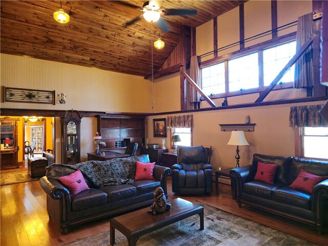 1622 S Cross St, Robinson, IL 62454 - living area featuring high vaulted ceiling, hardwood / wood-style flooring, wood ceiling, and ceiling fan