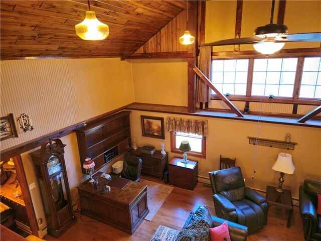 1622 S Cross St, Robinson, IL 62454 - living area with vaulted ceiling, wood finished floors, a ceiling fan, and wooden ceiling