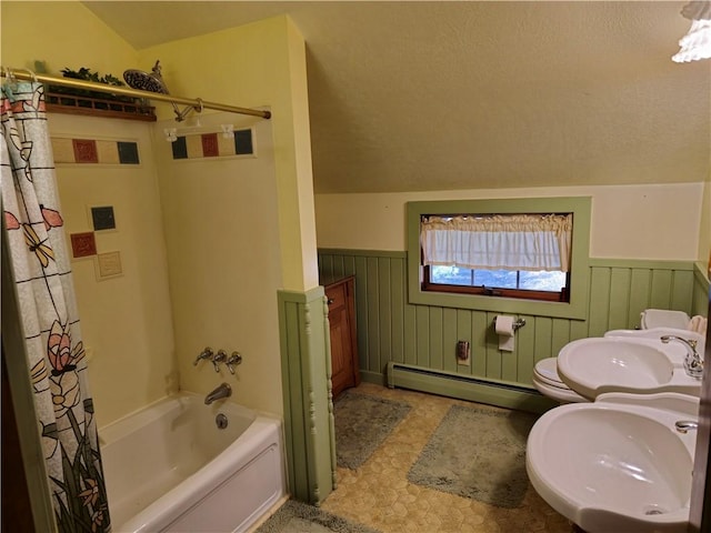 1622 S Cross St, Robinson, IL 62454 - full bath with a baseboard radiator, vaulted ceiling, wainscoting, a sink, and shower / tub combo with curtain