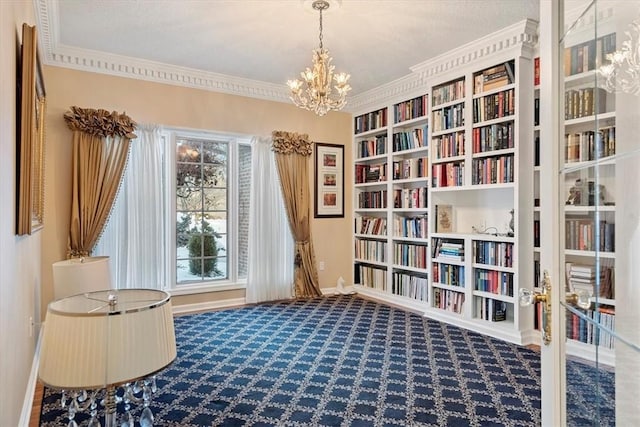 living area featuring ornamental molding, carpet floors, and a notable chandelier