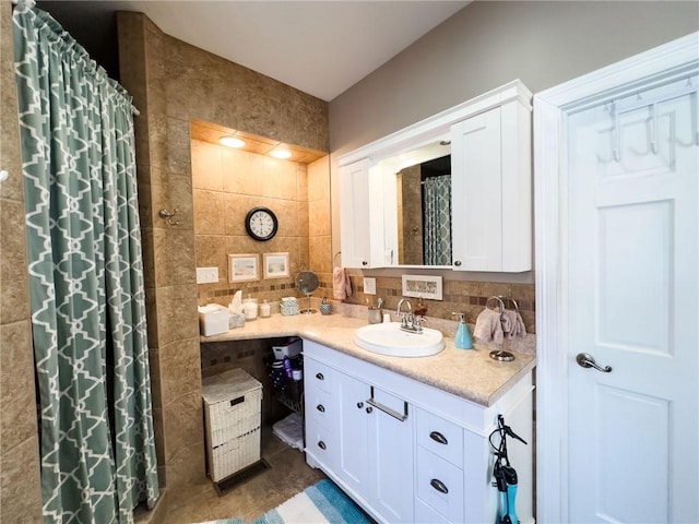 1165 Crooked Ln, Dennison, IL 62423 - bathroom featuring a shower with shower curtain, tasteful backsplash, vanity, and tile walls