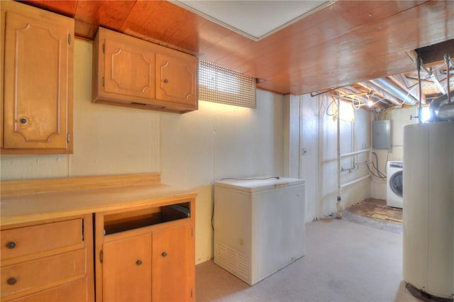 interior space featuring water heater, washer / clothes dryer, electric panel, and cabinets