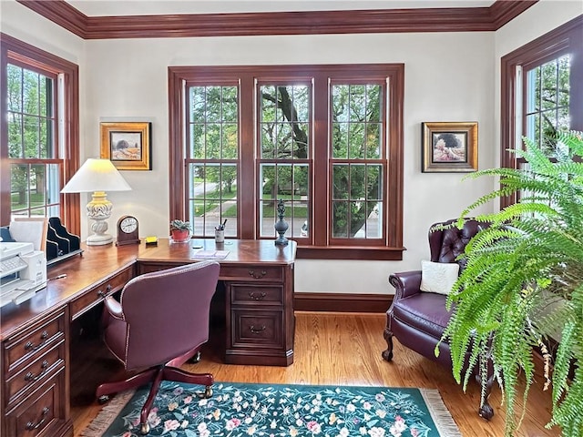 office area with ornamental molding, healthy amount of natural light, baseboards, light wood-style flooring, and built in desk