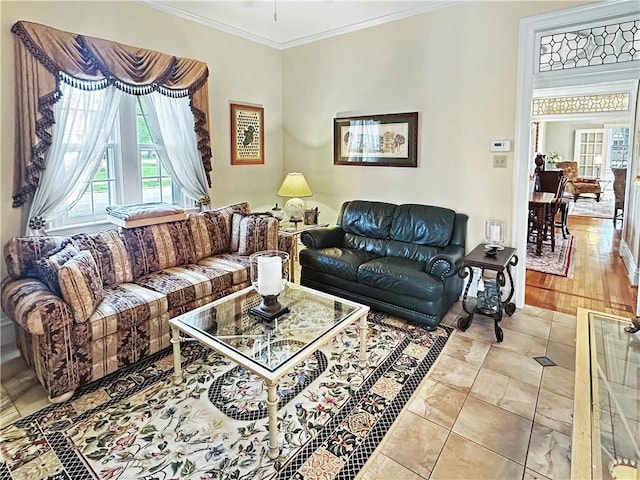 tiled living area featuring ornamental molding