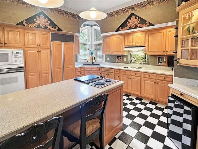 kitchen featuring built in appliances, dark flooring, a sink, and light countertops
