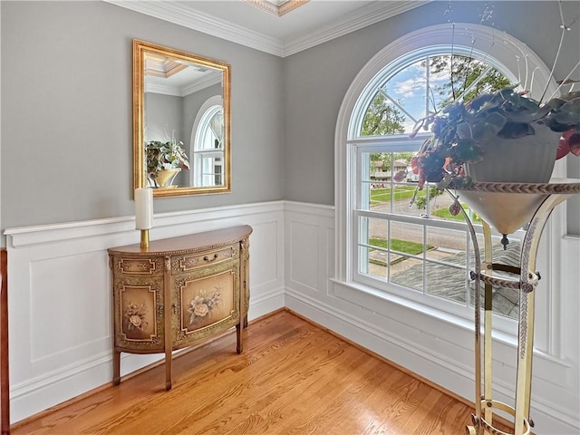 doorway with light wood-style flooring, wainscoting, ornamental molding, and a decorative wall