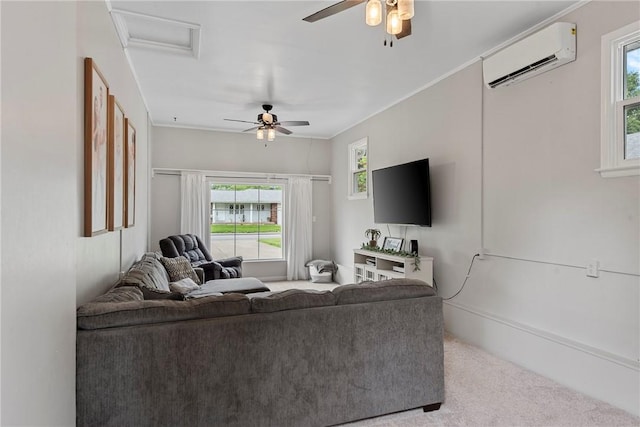 111 W 7th St, Pana, IL 62557 - living room with a wall mounted air conditioner, a ceiling fan, and healthy amount of natural light