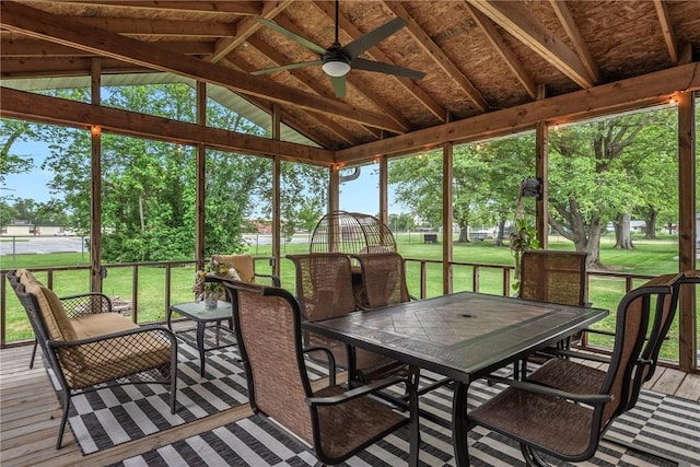 111 W 7th St, Pana, IL 62557 - sunroom / solarium featuring a ceiling fan, outdoor dining area, and lofted ceiling
