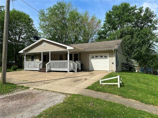 ranch-style home with an attached garage, a front lawn, a porch, and driveway