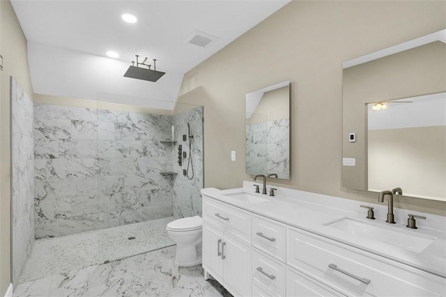 1655 N Vermilion St, Danville, IL 61832 - full bathroom featuring a sink, double vanity, toilet, and a marble finish shower