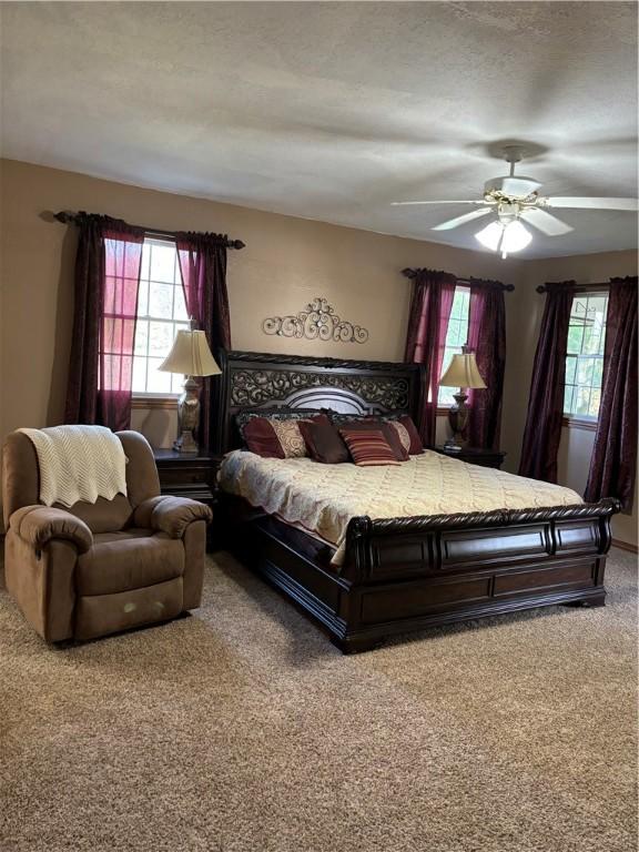 carpeted bedroom with ceiling fan and multiple windows