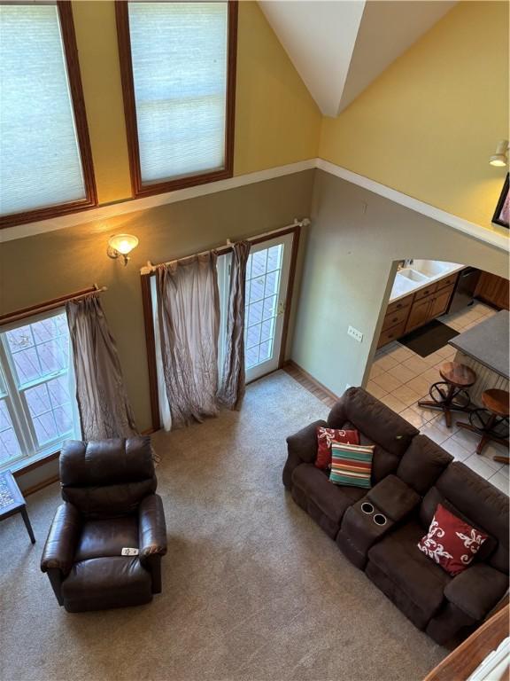 living room featuring high vaulted ceiling, carpet flooring, and a wealth of natural light
