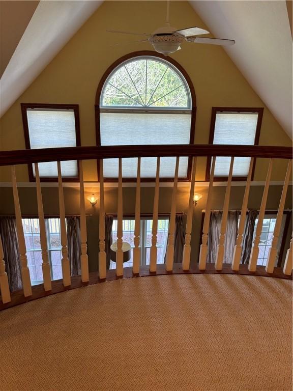 interior space with a ceiling fan and vaulted ceiling