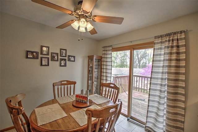 dining room with ceiling fan and light tile patterned flooring