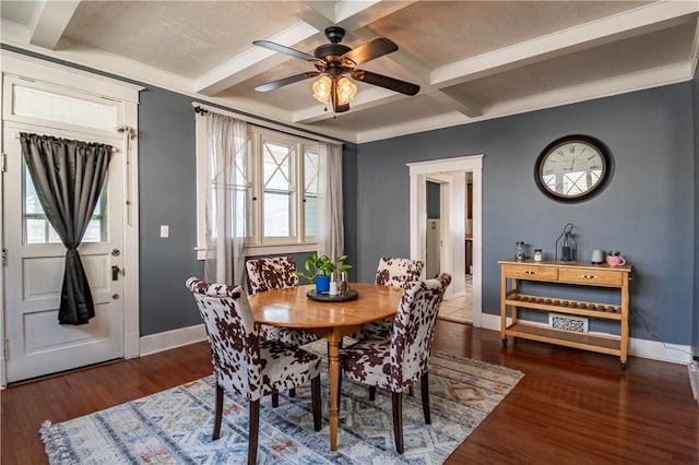 1440 W Decatur St, Decatur, IL 62522 - dining room featuring coffered ceiling, ceiling fan, wood finished floors, and beam ceiling