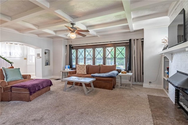 1440 W Decatur St, Decatur, IL 62522 - living area with a fireplace, carpet floors, plenty of natural light, coffered ceiling, and beamed ceiling