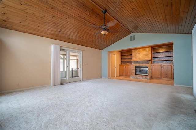 unfurnished living room with built in features, carpet floors, and wooden ceiling