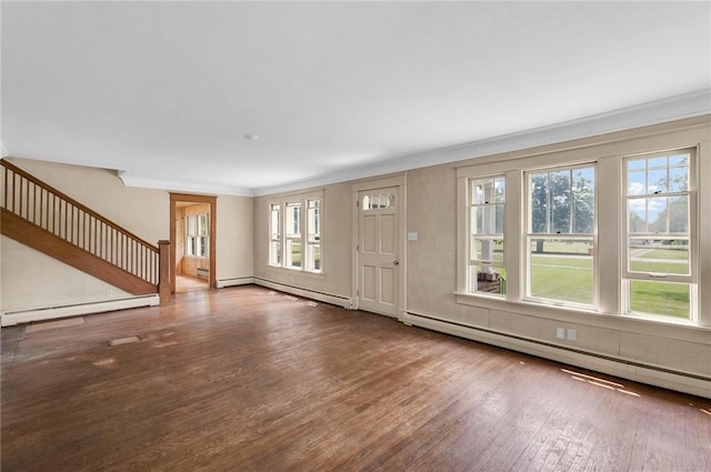 3920 Western Ave, Mattoon, IL 61938 - foyer with a baseboard heating unit, hardwood / wood-style flooring, baseboard heating, ornamental molding, and stairs