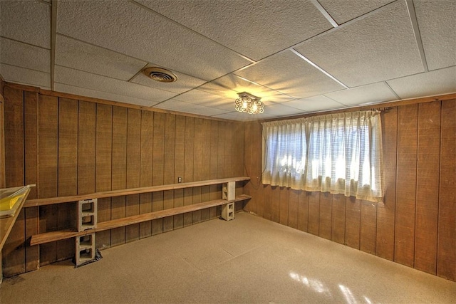 miscellaneous room featuring wooden walls, carpet flooring, and visible vents