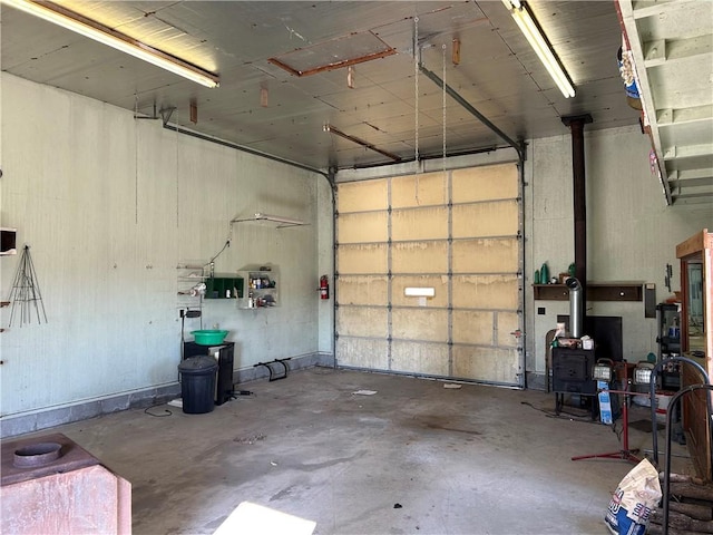 garage with a wood stove