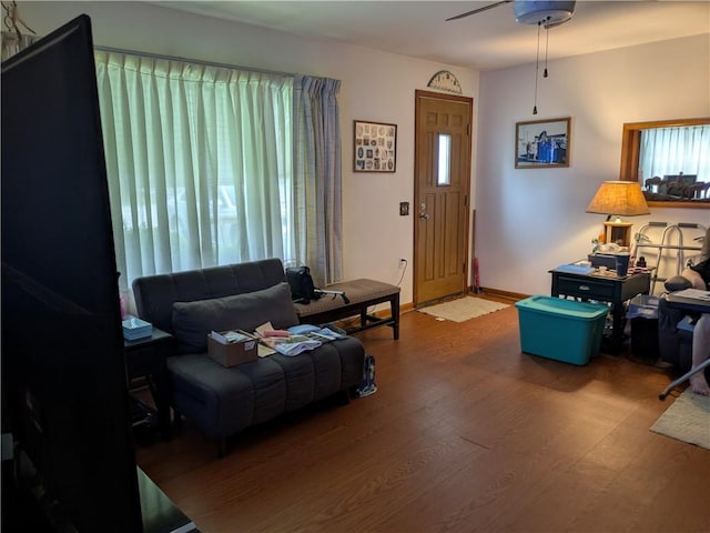 409 E Adams St, Paris, IL 61944 - living area with wood finished floors, ceiling fan, and baseboards