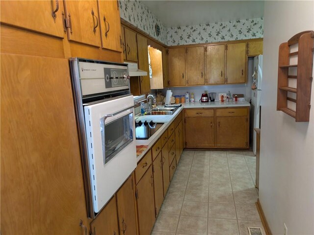 409 E Adams St, Paris, IL 61944 - kitchen featuring oven, brown cabinets, a sink, light countertops, and under cabinet range hood