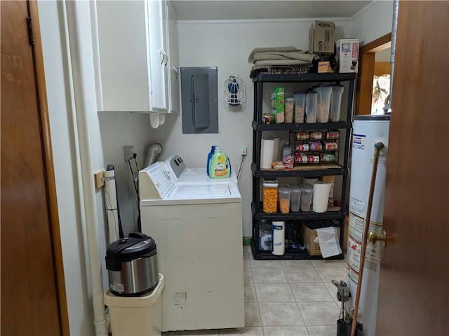 409 E Adams St, Paris, IL 61944 - washroom featuring gas water heater, electric panel, cabinet space, washing machine and dryer, and light tile patterned floors