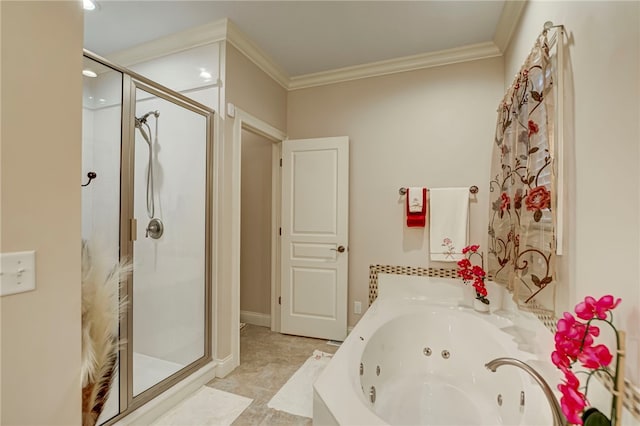 full bath featuring a stall shower, crown molding, and a jetted tub