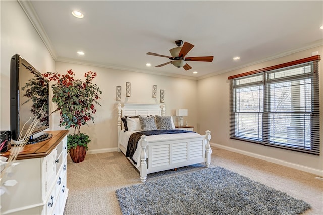 bedroom featuring a ceiling fan, baseboards, light colored carpet, ornamental molding, and recessed lighting