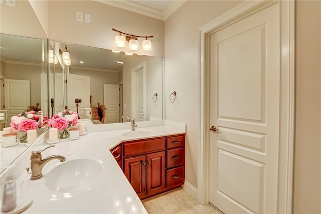 full bathroom with double vanity, a sink, and ornamental molding