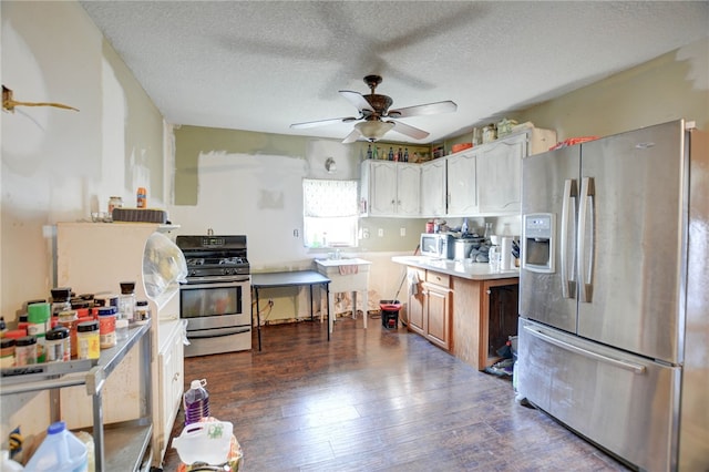 kitchen featuring a textured ceiling, ceiling fan, dark hardwood / wood-style floors, and appliances with stainless steel finishes