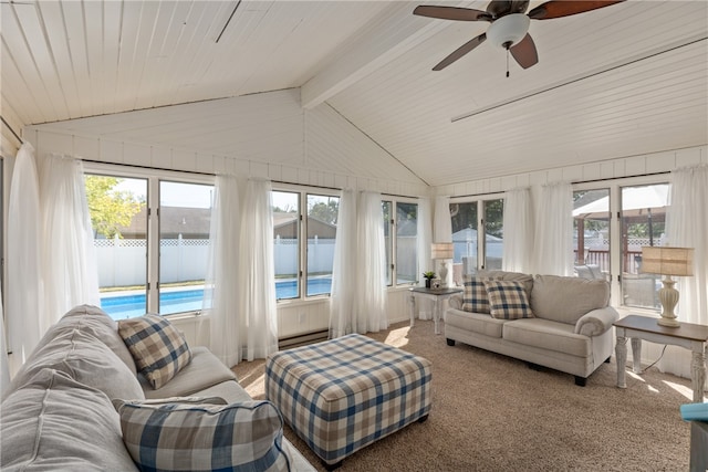 sunroom / solarium with vaulted ceiling with beams and ceiling fan