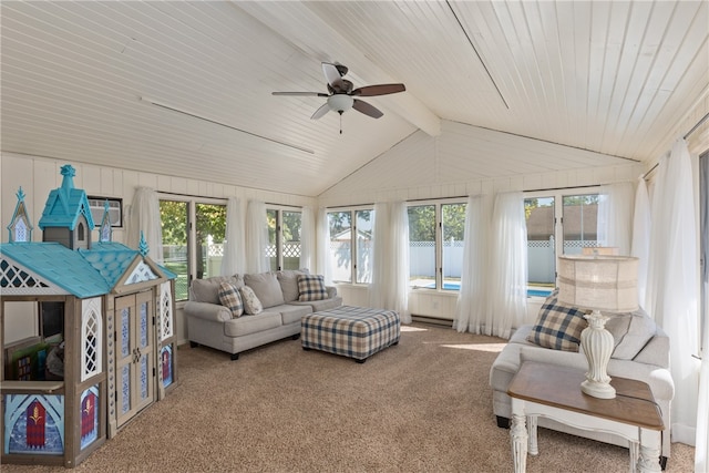 sunroom with vaulted ceiling with beams, ceiling fan, and wooden ceiling