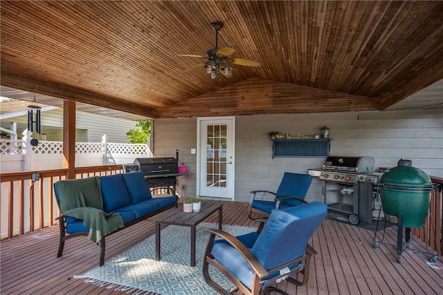 wooden terrace with an outdoor hangout area, ceiling fan, and a grill