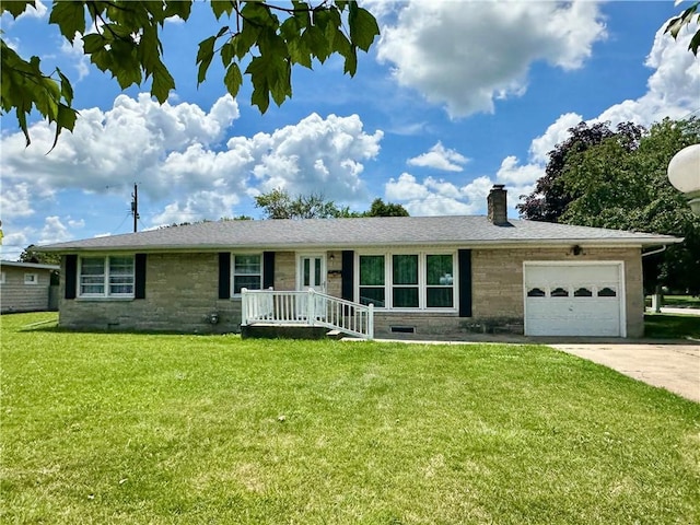 1321 Rudy Ave, Mattoon, IL 61938 - ranch-style house featuring a garage, a chimney, a front lawn, and stone siding
