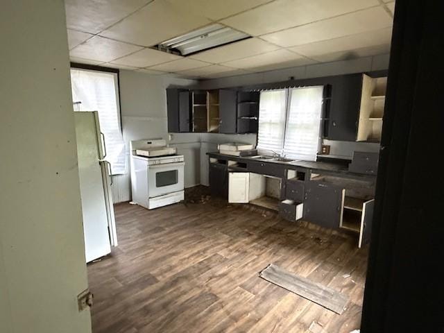 905 N Griffin St, Danville, IL 61832 - kitchen with white appliances, open shelves, dark wood-style flooring, plenty of natural light, and a drop ceiling