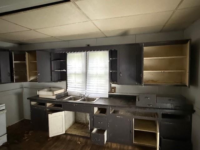 905 N Griffin St, Danville, IL 61832 - kitchen featuring a sink, a drop ceiling, open shelves, dark wood finished floors, and stove