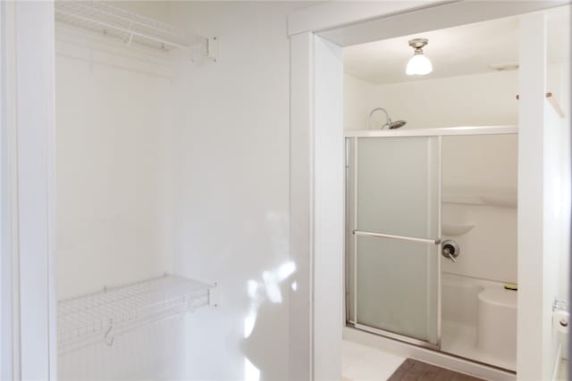 bathroom featuring tile patterned floors and a shower with door