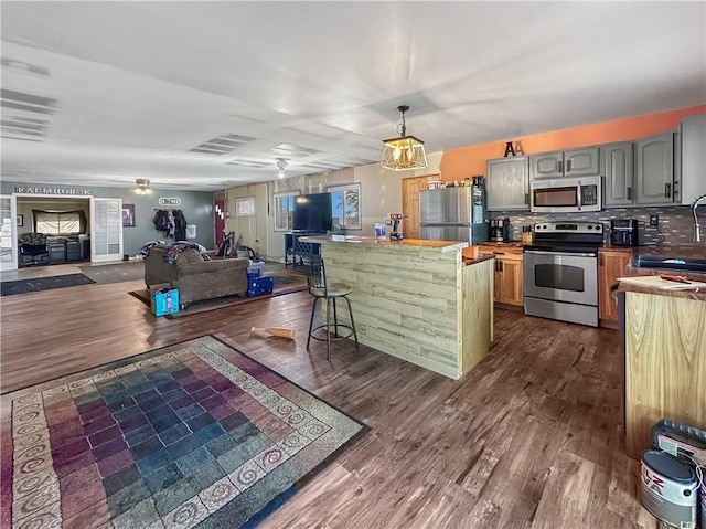 kitchen with appliances with stainless steel finishes, a ceiling fan, dark wood finished floors, and open floor plan