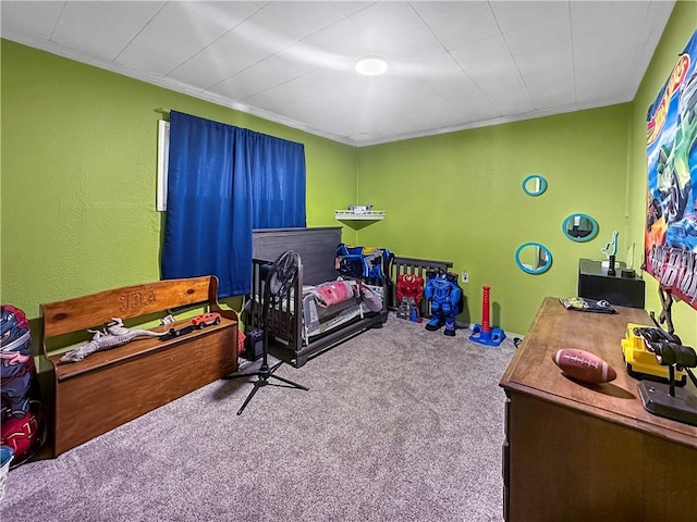 carpeted bedroom with crown molding