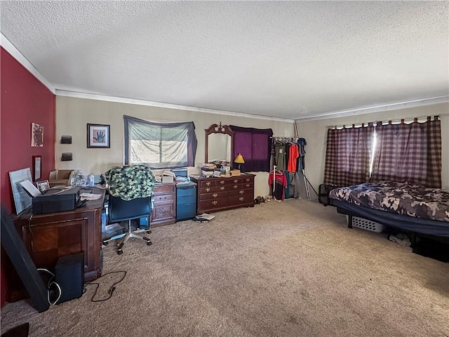 bedroom featuring carpet floors, a textured ceiling, crown molding, and an office area