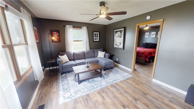 1006 Chicago Ave, Danville, IL 61832 - living area featuring a ceiling fan, healthy amount of natural light, light wood-style flooring, baseboards, and a textured ceiling