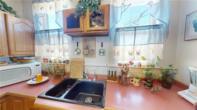 kitchen featuring glass insert cabinets, light countertops, a sink, and white microwave