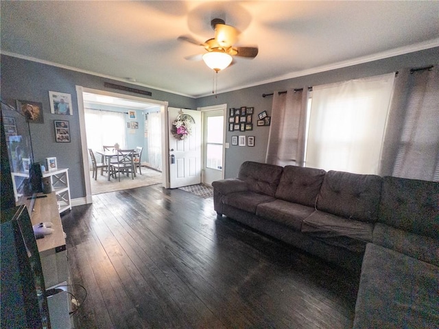 114 E 11th St, Georgetown, IL 61846 - living room with ornamental molding, wood-type flooring, and a ceiling fan