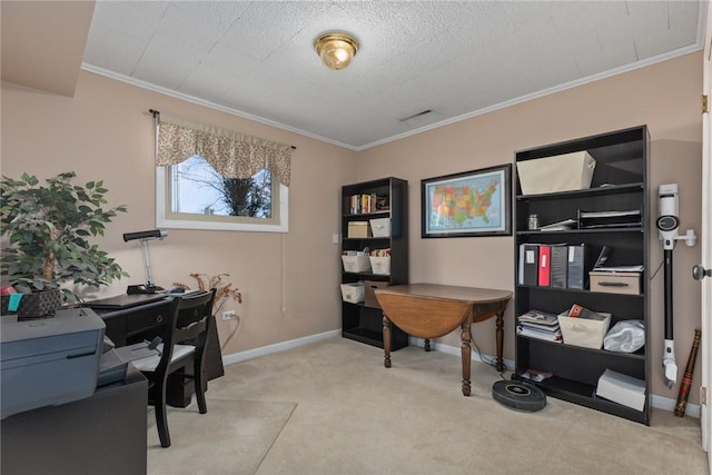 carpeted office space with visible vents, crown molding, a textured ceiling, and baseboards