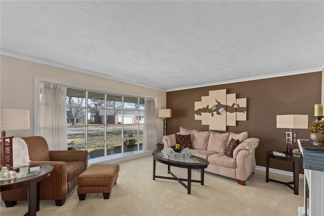 living area featuring light colored carpet, crown molding, and baseboards