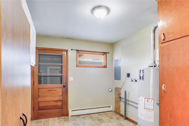 laundry room with water heater, electric panel, and baseboard heating