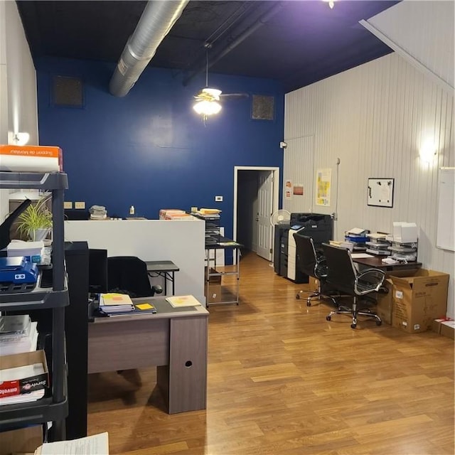 office featuring wood finished floors and ceiling fan